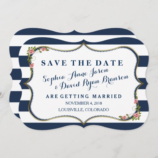 Save The Date Elégant Marine Bleu Grilles Mariage Enregistrer La (Devant / Derrière)