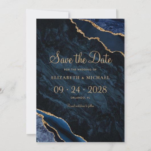 Save The Date Elégant Marine Blue Agate Mariage Enregistrer la d (Devant)