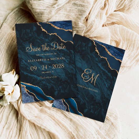 Save The Date Elégant Marine Blue Agate Mariage Enregistrer la d