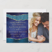 Save The Date Elégant Marine Blue & Gold Agate Mariage Photo (Devant)