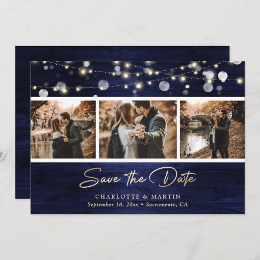 Save The Date Elégant Marine Blue Gold Foil Mariage de bois phot (Devant / Derrière)