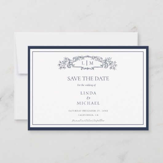 Save The Date Élégant Marine Botanique Crest monogramme mariage (Devant)