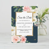 Save The Date Élégant marine et floral rose pâle (Debout devant)