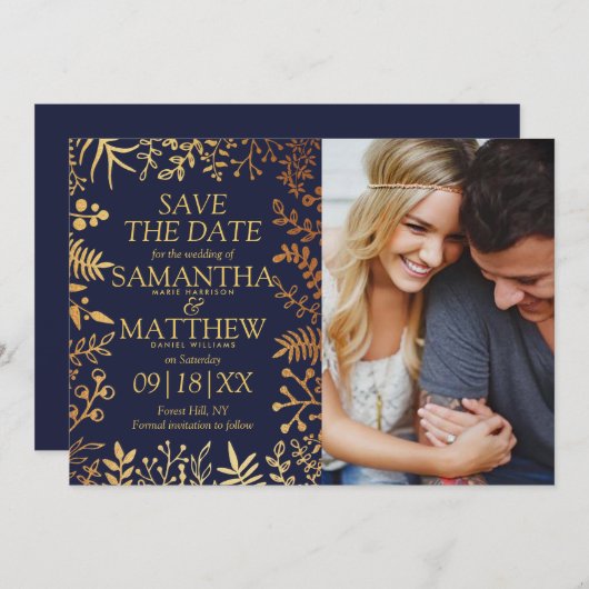 Save The Date Elegant Marine & Gold Floral Mariage Photo (Devant / Derrière)