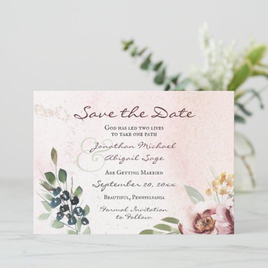 Save The Date Élégant Mauve Blush rose Floral Mariage chrétien (Debout devant)