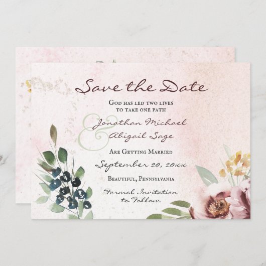 Save The Date Élégant Mauve Blush rose Floral Mariage chrétien (Devant / Derrière)