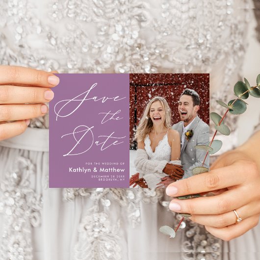 Save The Date Elegant Mauve Élégant Script Mariage photo moderne