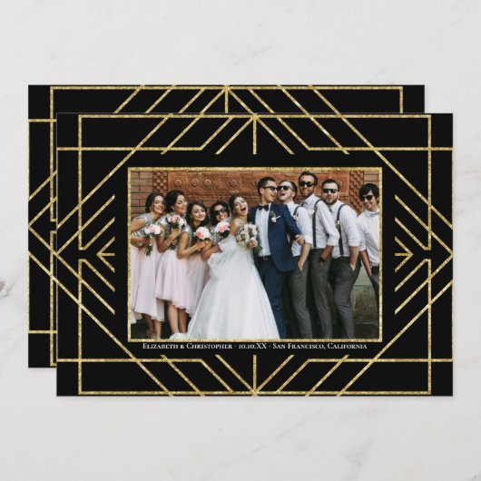 Save The Date Elégant Merci photo Art Déco Gold Black (Devant / Derrière)