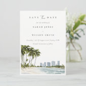 Save The Date Elégant Miami Floride Palm Trees Beach Aquarelle (Debout devant)
