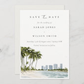 Save The Date Elégant Miami Floride Palm Trees Beach Aquarelle (Devant / Derrière)