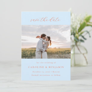 Save The Date Élégant Minimaliste Photo Bleue Orange Manuscrite