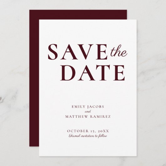 Save The Date Élégant minimaliste traditionnel Script Bourgogne  (Devant / Derrière)