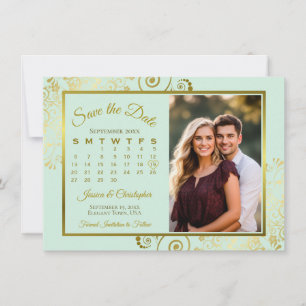 Save The Date Elégant Mint Green & Gold Calendrier Mariage photo
