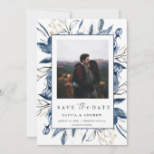 Save The Date Elegant Modern Navy Blue Botanical Photo Wedding (Devant)