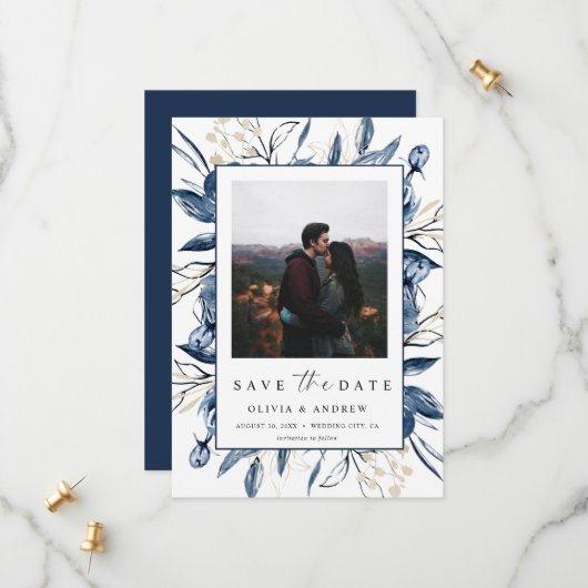 Save The Date Elegant Modern Navy Blue Botanical Photo Wedding (Devant/Arrière en situation)
