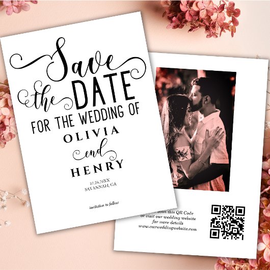 Save The Date Élégant moderne Calligraphie Script Photo QR Code