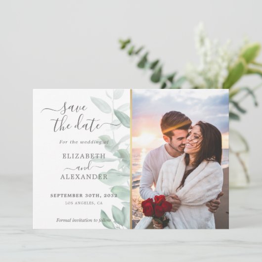 Save The Date Elégant moderne eucalyptus vert mariage photo (Debout devant)