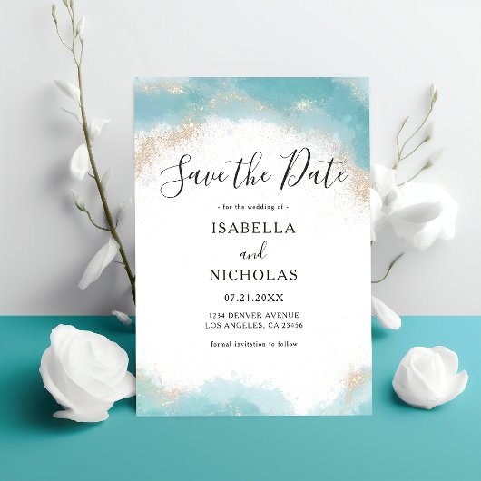 Save The Date Élégant Moderne Mariage Aquarelle Bleue et Or