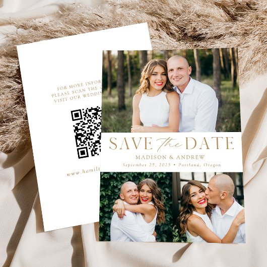 Save The Date Élégant Moderne Or 3 Photo Code QR