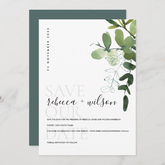 SAVE THE DATE ELÉGANT MODERNE VERT EUCALYPTUS FOLIAGE EAU COULEU (Devant / Derrière)
