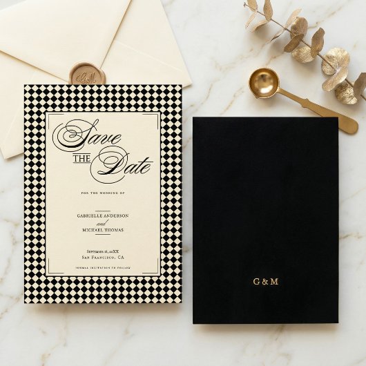 Save The Date Elegant Monogram Black Cream Checkerboard