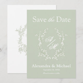 Save The Date Élégant monogramme à armoiries florales vert sauge