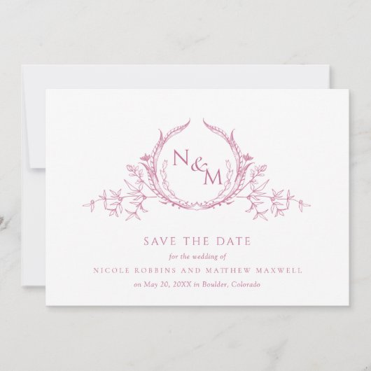 Save The Date Élégant monogramme d'aquarelle rose mauve (Devant)