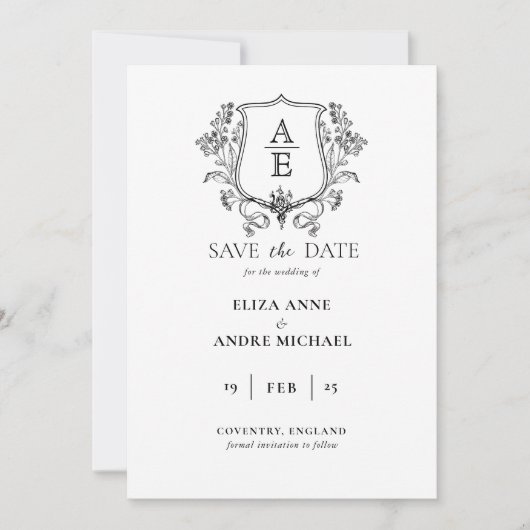 Save The Date Élégant Monogramme de Feuille de Crest Mariage Noi (Devant)