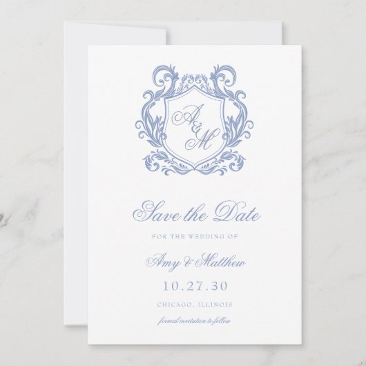 Save The Date Élégant Monogramme Dusty Blue Crest Mariage (Devant)