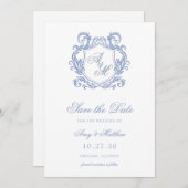 Save The Date Élégant Monogramme Dusty Blue Crest Mariage (Devant / Derrière)