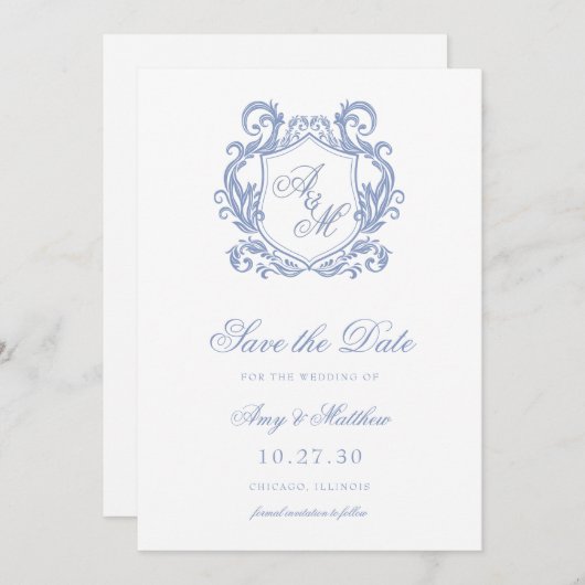 Save The Date Élégant Monogramme Dusty Blue Crest Mariage (Devant / Derrière)