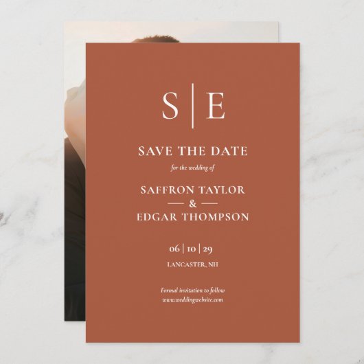 Save The Date Élégant Monogramme en terre cuite Mariage photo (Devant / Derrière)