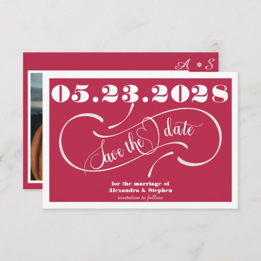 Save The Date Élégant Monogramme manuscrit QR Code Magenta Photo (Devant / Derrière)