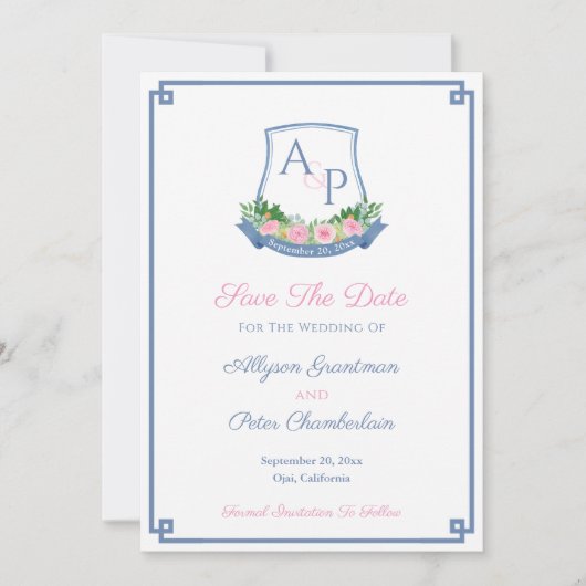 Save The Date Élégant Monogramme Marine Roses Rose Mariage Crest (Devant)