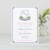 Save The Date Élégant Monogramme Marine Roses Rose Mariage Crest (Debout devant)