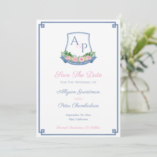 Save The Date Élégant Monogramme Marine Roses Rose Mariage Crest (Debout devant)