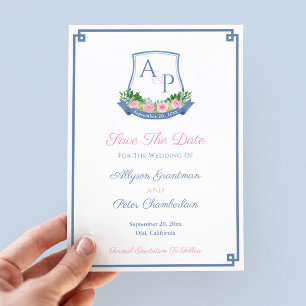 Save The Date Élégant Monogramme Marine Roses Rose Mariage Crest