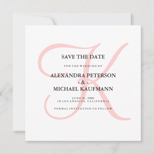 Save The Date Élégant Monogramme moderne en rose Enregistrer la  (Devant)