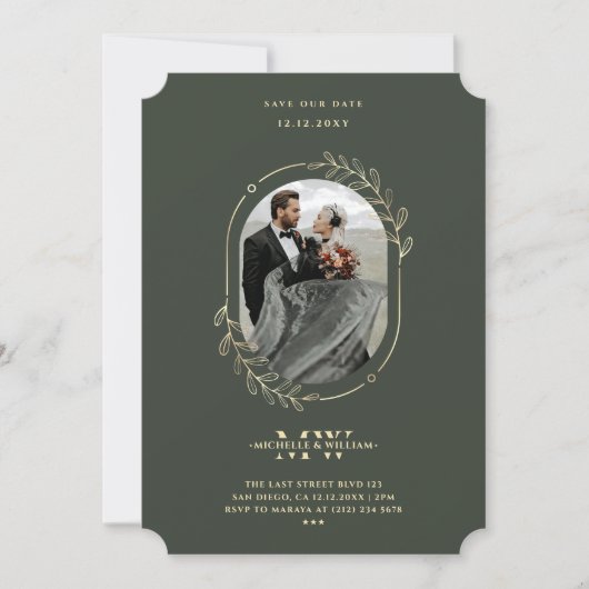 Save The Date Élégant Monogramme moderne Mariage Vert Gold Wreat (Devant)