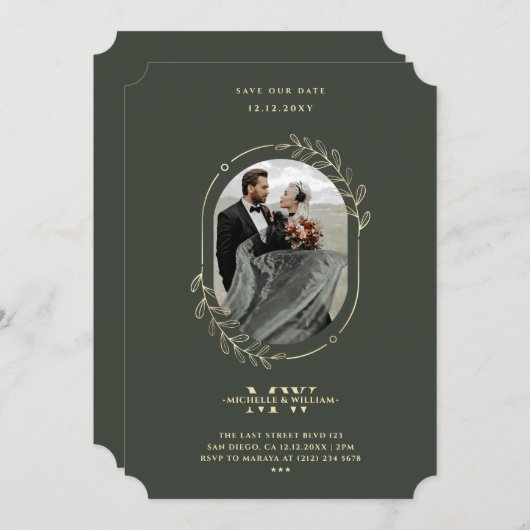 Save The Date Élégant Monogramme moderne Mariage Vert Gold Wreat (Devant / Derrière)