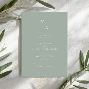 Save The Date Élégant Monogramme moderne Sage Mariage vert