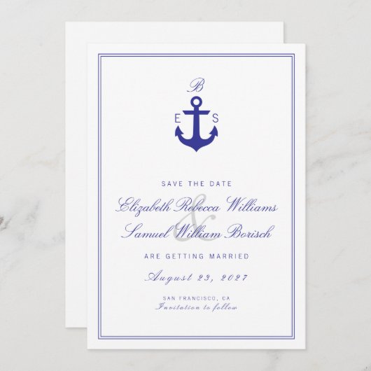 Save The Date Élégant Monogramme Nautique Nettoyant Enregistrer  (Devant / Derrière)