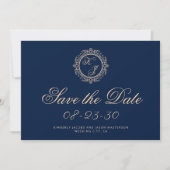 Save The Date Elégant Monogramme Or Marine Mariage bleu (Devant)