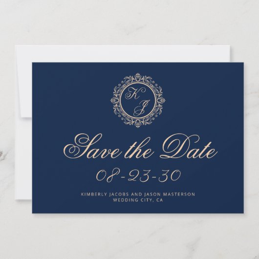 Save The Date Elégant Monogramme Or Marine Mariage bleu (Devant)