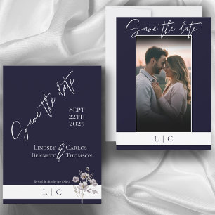 Save The Date Élégant Monogramme Photo Caligraphie Dark Navy