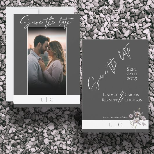 Save The Date Élégant Monogramme Photo Caligraphie gris foncé