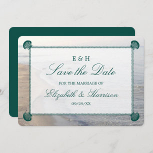 Save The Date Élégant Monogramme, Turquoise Scallop Beach
