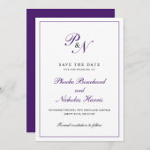Save The Date Élégant Monogramme violet Mariage officiel (Devant / Derrière)