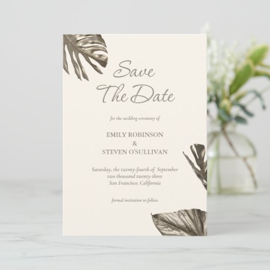 Save The Date Elégant Monstera Gold Champagne Mariage photo (Debout devant)