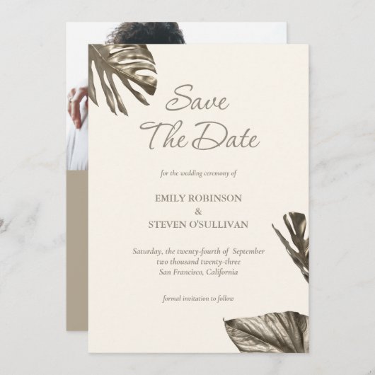 Save The Date Elégant Monstera Gold Champagne Mariage photo (Devant / Derrière)